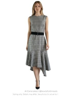 Parisian Office Chic Plaid Midi Dress Belted Asym Hem Size 10
